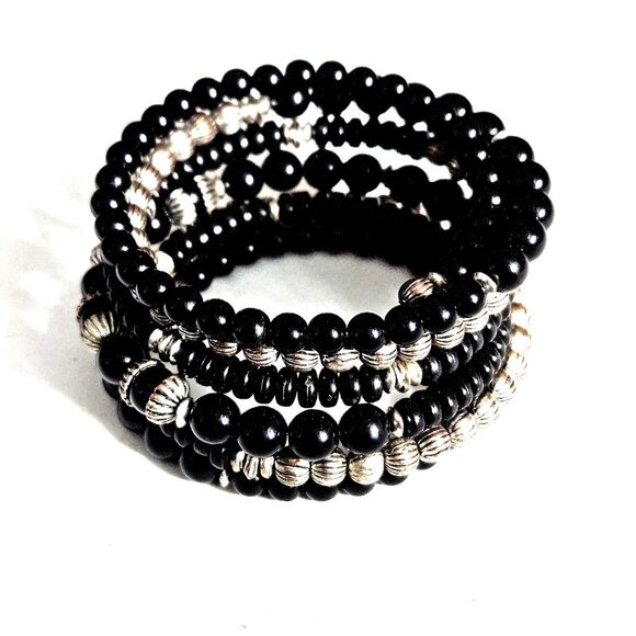Black & Silver Beaded Wire Coil Wrap Bracelet - Picture 1 of 3